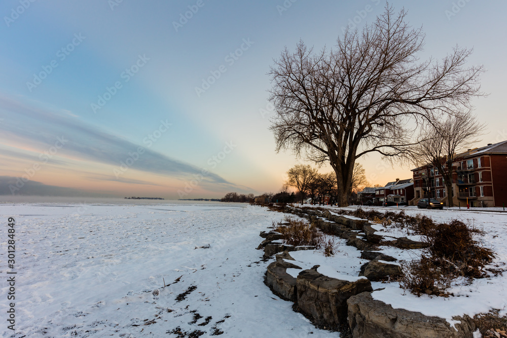Lachine Quebec in mid winter with a snowy landscape.