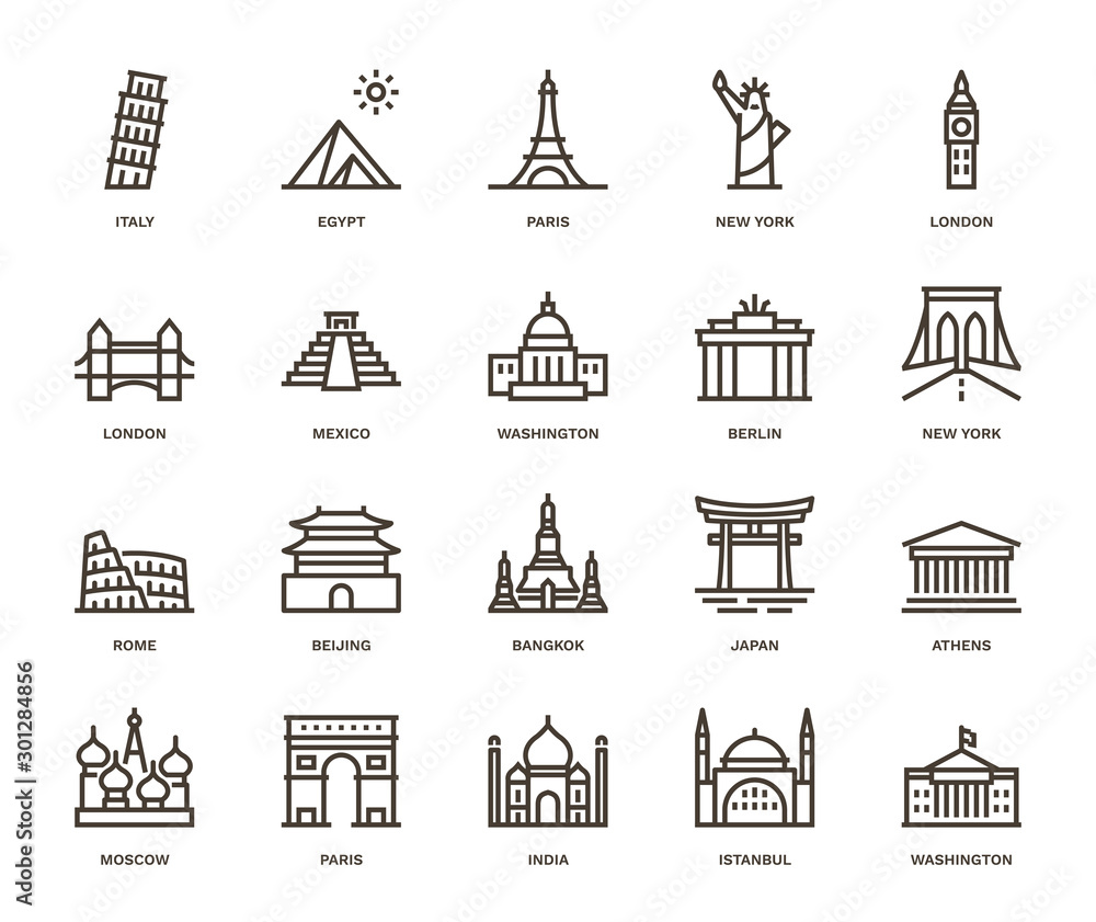 International, Landmarks and Monuments ,  Monoline concept The icons were created on a 48x48 pixel aligned, perfect grid providing a clean and crisp appearance. Adjustable stroke weight. 