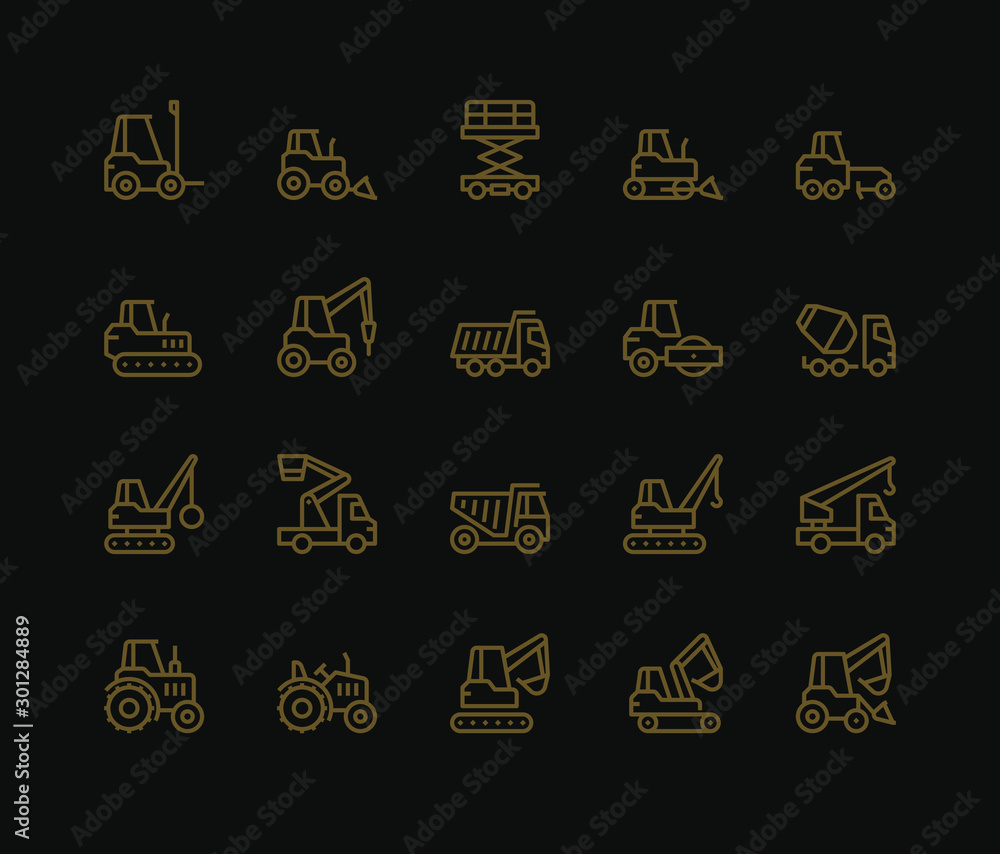 Industrial Vehicles Icons,  Monoline concept The icons were created on a 48x48 pixel aligned, perfect grid providing a clean and crisp appearance. Adjustable stroke weight. 
