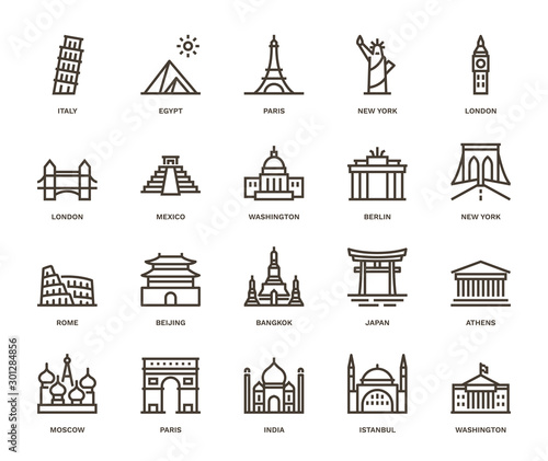 International, Landmarks and Monuments ,  Monoline concept The icons were created on a 48x48 pixel aligned, perfect grid providing a clean and crisp appearance. Adjustable stroke weight. 