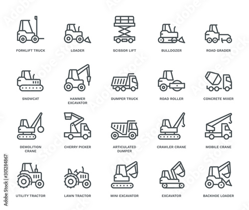 Industrial Vehicles Icons,  Monoline concept The icons were created on a 48x48 pixel aligned, perfect grid providing a clean and crisp appearance. Adjustable stroke weight. 