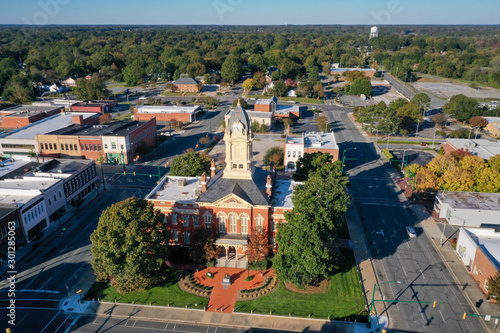 Aerial view of the old Court House in Monroe NC. Looking at the front of the build from the right side.