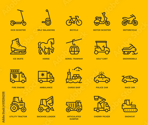 Transport Icons, side view,  Monoline concept The icons were created on a 48x48 pixel aligned, perfect grid providing a clean and crisp appearance. Adjustable stroke weight. 