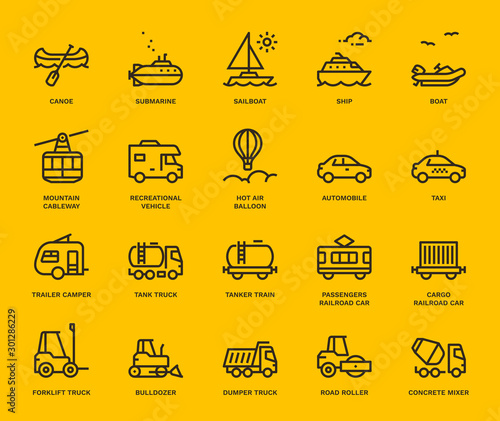 Transport Icons, side view,  Monoline concept The icons were created on a 48x48 pixel aligned, perfect grid providing a clean and crisp appearance. Adjustable stroke weight. 