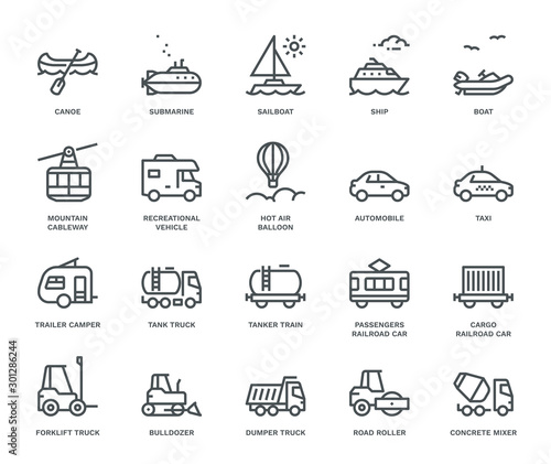 Transport Icons, side view,  Monoline concept The icons were created on a 48x48 pixel aligned, perfect grid providing a clean and crisp appearance. Adjustable stroke weight. 