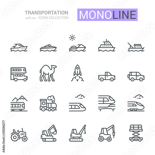 Transport Icons, side view,  Monoline concept The icons were created on a 48x48 pixel aligned, perfect grid providing a clean and crisp appearance. Adjustable stroke weight. 
