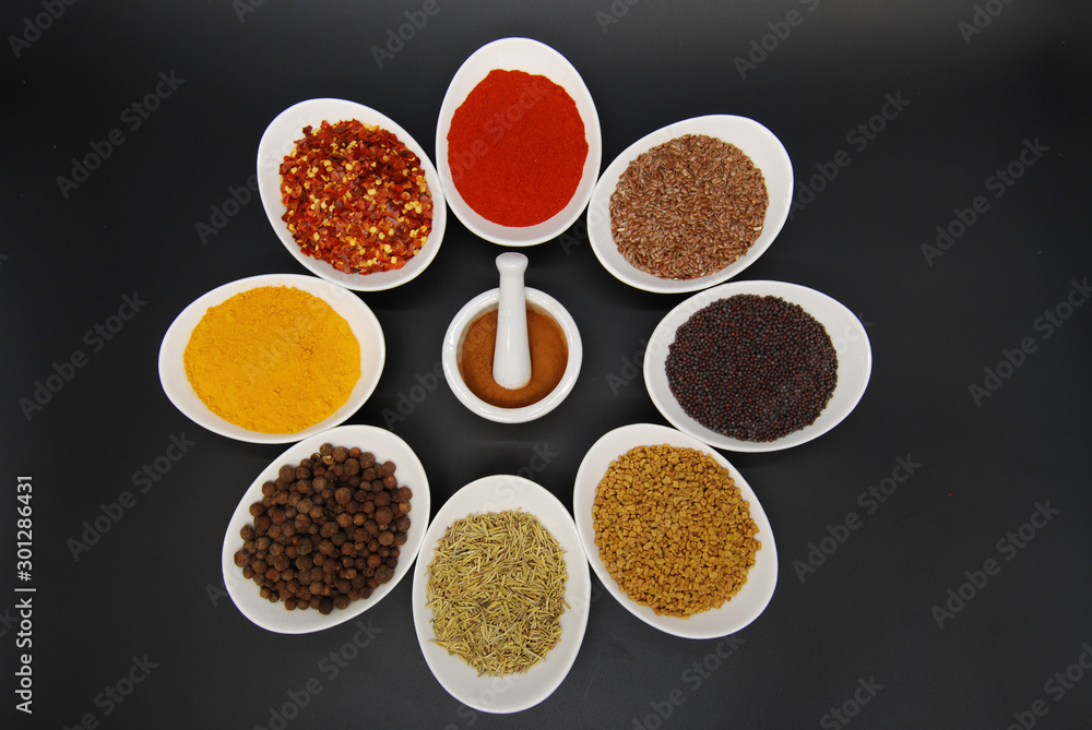 Overhead view of deliicous healthy spices isolated Overhead view of deliicous healthy spices isolated