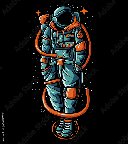 Astronaut wearing sweater vector illustration. Hype Astronaut. Trendy cosmonaut suit. Galaxy theme t shirt design or wallpaper