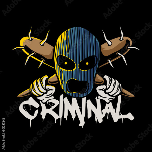Thief mask holding baseball bat with nails. Crime mask illustration. Criminal themed for poster, stickers, and t-shirt design