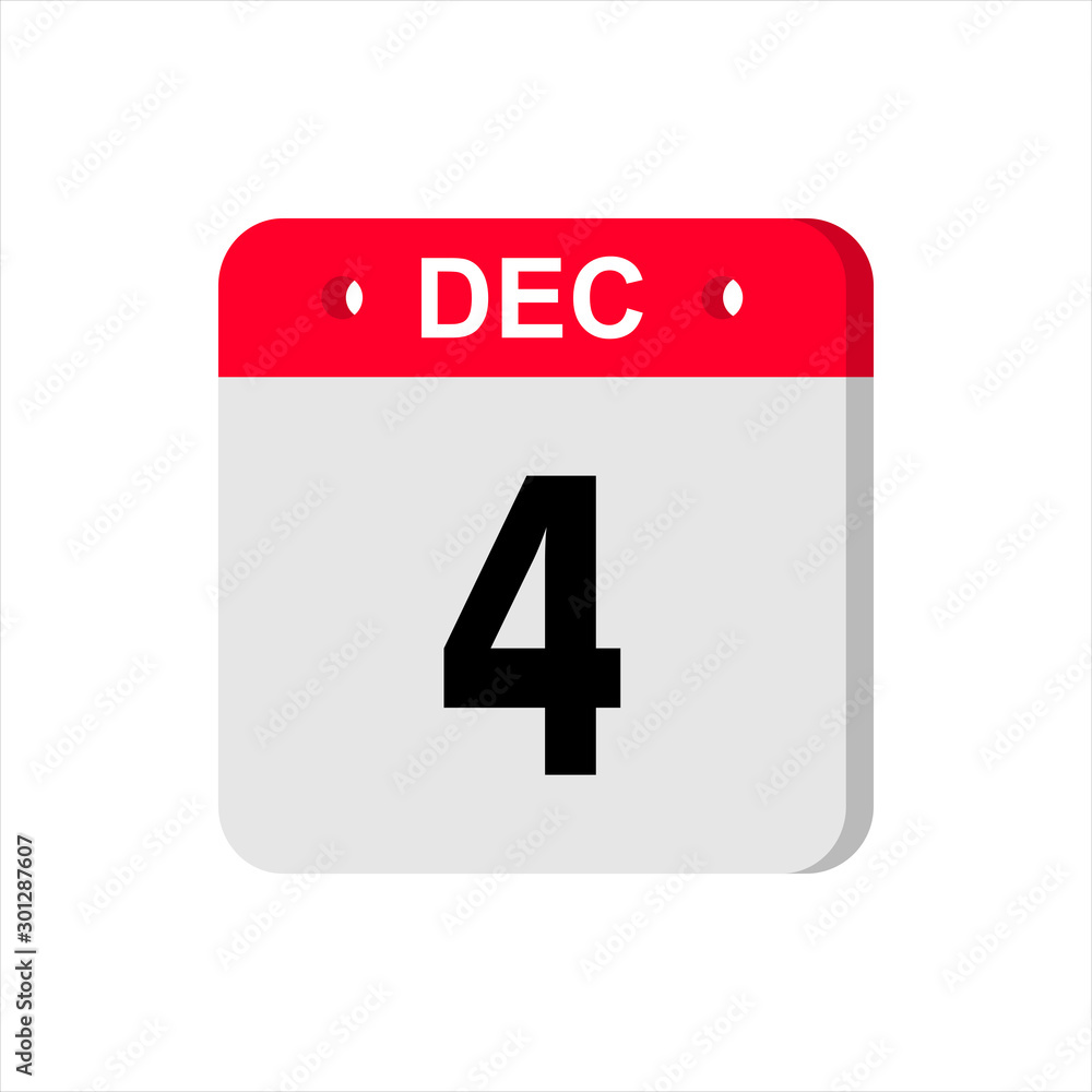 December 4 - Calendar Icon. Calendar Icon with shadow. Flat style. Date, day and month. Reminder. Vector illustration. Organizer application, app symbol. Ui. User interface sign. December 4 - Calendar Icon. Calendar Icon with shadow. Flat style. Date, day and month. Reminder. Vector illustration. Organizer application, app symbol. Ui. User interface sign.
