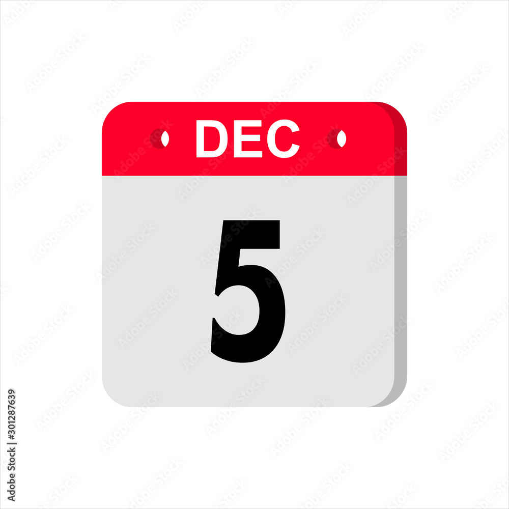 December 5 - Calendar Icon. Calendar Icon with shadow. Flat style. Date, day and month. Reminder. Vector illustration. Organizer application, app symbol. Ui. User interface sign. December 5 - Calendar Icon. Calendar Icon with shadow. Flat style. Date, day and month. Reminder. Vector illustration. Organizer application, app symbol. Ui. User interface sign.