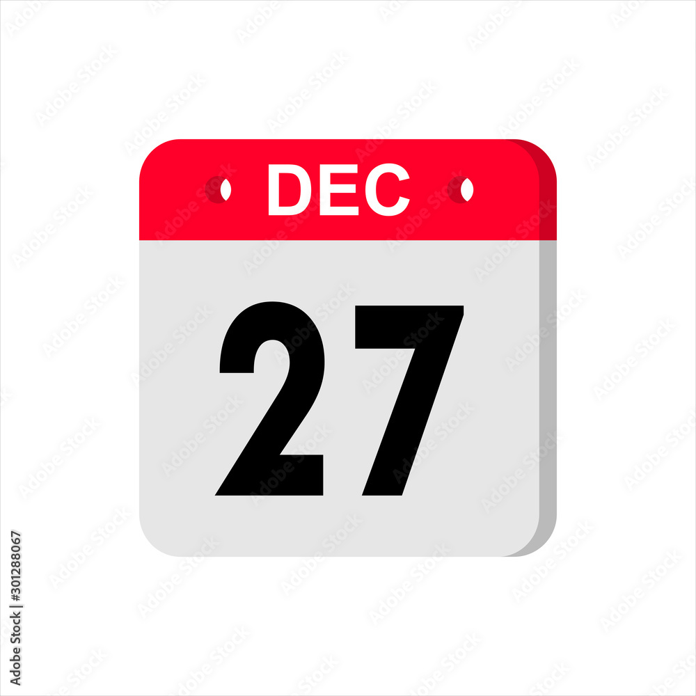 December 27 - Calendar Icon. Calendar Icon with shadow. Flat style. Date, day and month. Reminder. Vector illustration. Organizer application, app symbol. Ui. User interface sign. December 27 - Calendar Icon. Calendar Icon with shadow. Flat style. Date, day and month. Reminder. Vector illustration. Organizer application, app symbol. Ui. User interface sign.