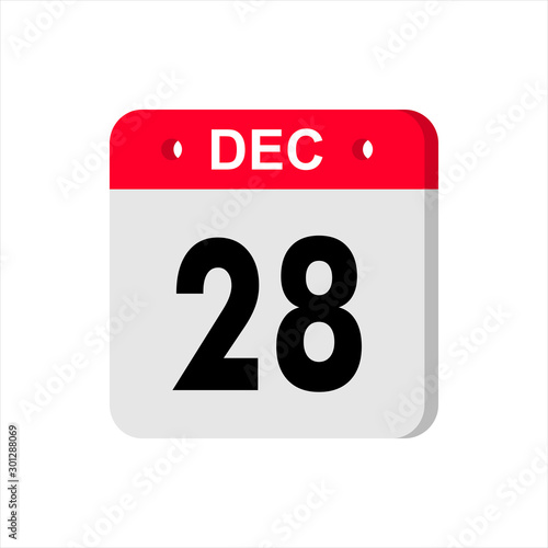 December 28 - Calendar Icon. Calendar Icon with shadow. Flat style. Date, day and month. Reminder. Vector illustration. Organizer application, app symbol. Ui. User interface sign.