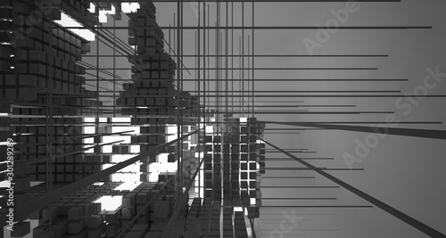 Abstract architectural white interior from an array of concrete cubes with neon lighting. 3D illustration and rendering.
