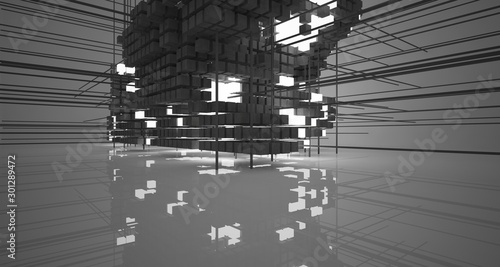 Abstract architectural white interior from an array of concrete cubes with neon lighting. 3D illustration and rendering.