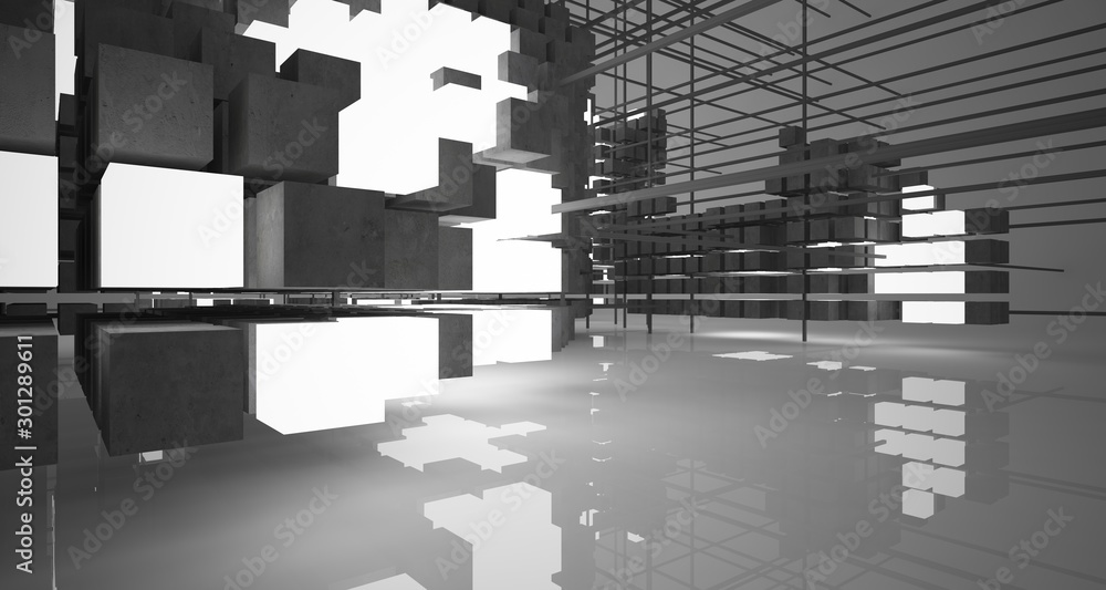 Fototapeta Abstract architectural white interior from an array of concrete cubes with neon lighting. 3D illustration and rendering.