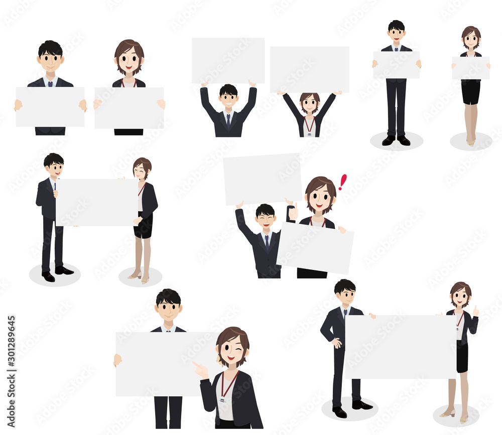 Young business couple holding blank billboard on a white background. Businessman and businesswoman in suit and holding empty white board. Young business couple holding blank billboard on a white background. Businessman and businesswoman in suit and holding empty white board.