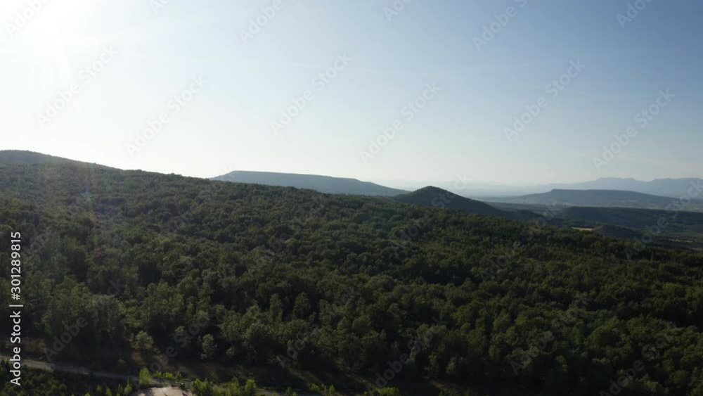 Aerial drone shot of big green dense forest in countryside with green vegetation and mountains in Spain. Blue sky and clouds, during the day. Trees 4K UHD. Tracking out. Aerial drone shot of big green dense forest in countryside with green vegetation and mountains in Spain. Blue sky and clouds, during the day. Trees 4K UHD. Tracking out.
