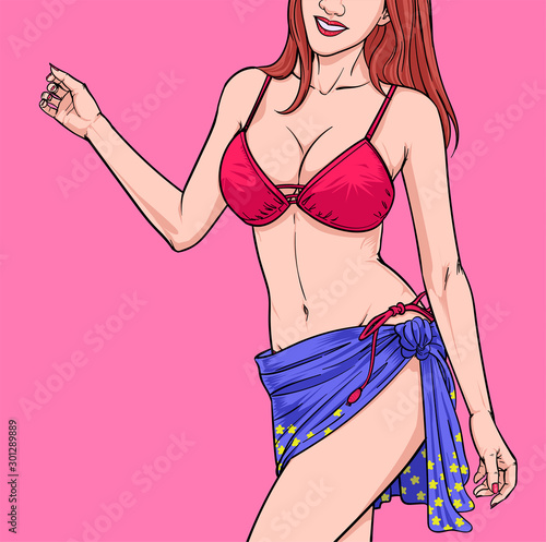 Swimming suit Beach fashion A woman wearing a bikini Illustration vector On pop art comics style Abstract colorful background