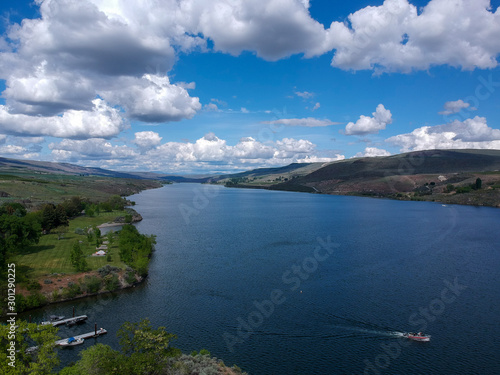 Terrific aerial pictures of magnificent Bridgeport State Park the Columbia River and its outer banks with dramatic skies and clouds in Okanogan County Washington State photo