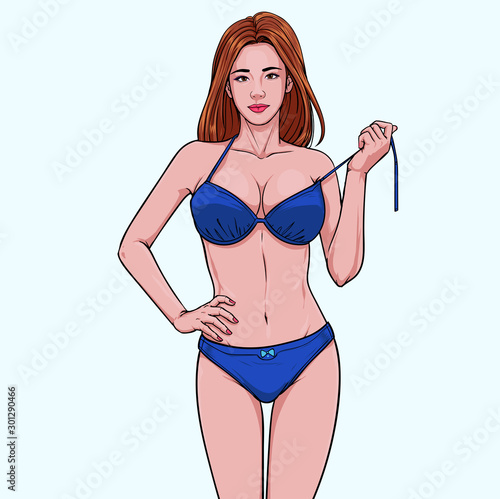 Swimming suit Beach fashion A girl wearing a bikini Illustration vector On pop art comics style Abstract colorful background photo