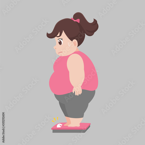 Big Fat woman standing on electronic scales for weight Body weight Healthcare concept cartoon Healthy character flat vector design.