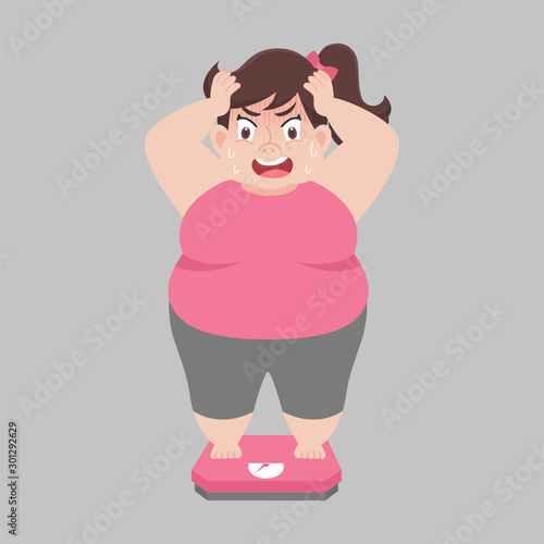 Big Fat woman standing on electronic scales for weight Body weight, shock, Healthcare concept cartoon Healthy character flat vector design.