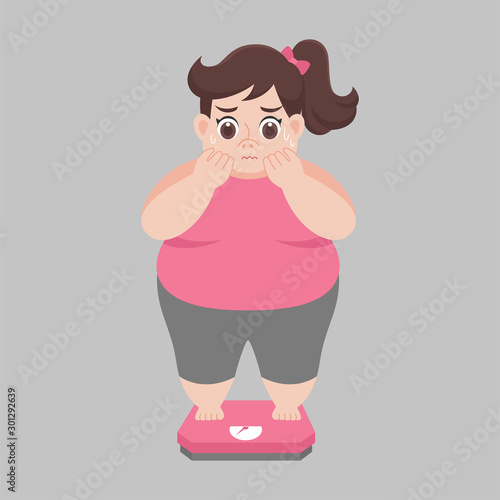 Big Fat woman worry standing on electronic scales for weight Body weight Healthcare concept cartoon Healthy character flat vector design.