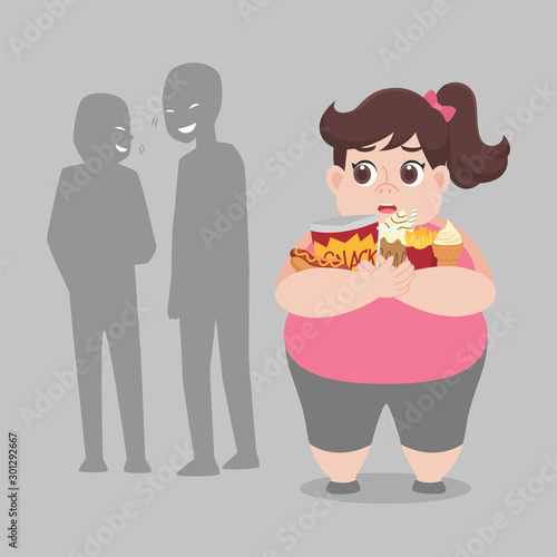 People bullying fat woman, plus size girl have some bullying and feel upset to her obesity. Healthcare concept cartoon Healthy character flat vector design.