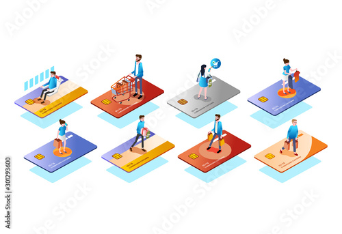 Different credit card type with people or customer on it, use the card for various needs isometric 3D illustration vector