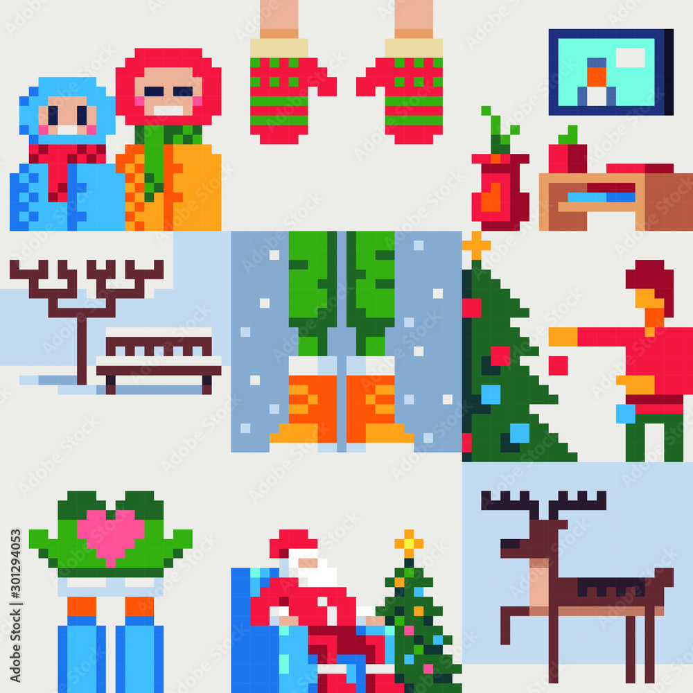 Christmas and New Year illustration set, winter holidays greeting cards with New Year tree, reindeer, mittens, Santa, vector illustration.  Element design for app, web, sticker. 