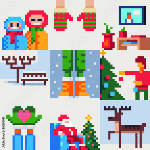 Christmas and New Year illustration set, winter holidays greeting cards with New Year tree, reindeer, mittens, Santa, vector illustration. Element design for app, web, sticker. 