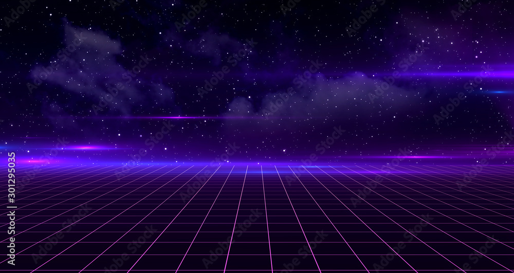 Retro Sci-Fi Background Futuristic landscape of the 80`s. Digital Cyber Surface. Suitable for design in the style of the 1980`s