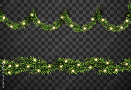 Christmas tree decor with fir branches and star on transparent background, vector illustration