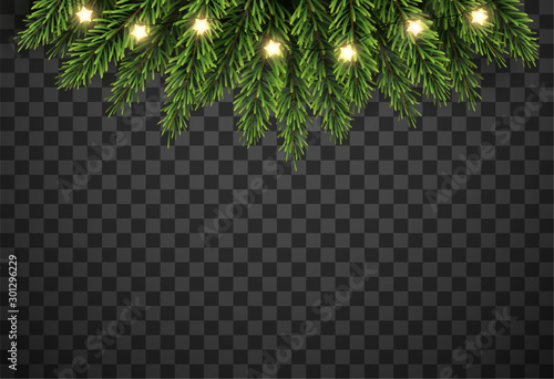 Christmas tree decor with fir branches and star on transparent background, vector illustration