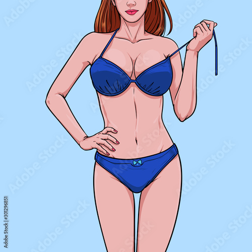 Dress up in beach fashion A woman wearing a bikini Illustration vector On pop art comics style Abstract colorful background