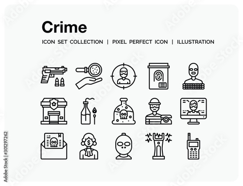 Crime Icons Set. UI Pixel Perfect Well-crafted Vector Thin Line Icons. The illustrations are a vector.