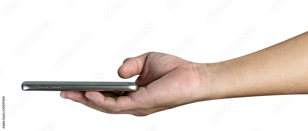 hand holding mobile smart phone isolated on white background,clipping path hand holding mobile smart phone isolated on white background,clipping path