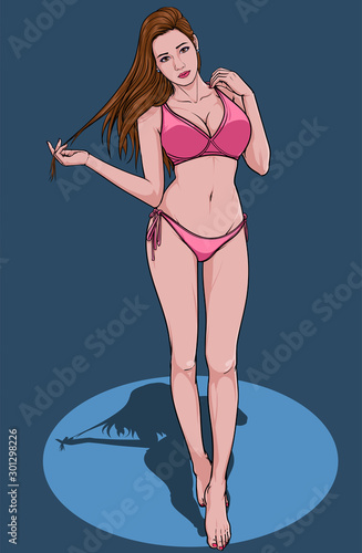 Beautiful girl Swimming suit beach fashion bikini summer Illustration vector On pop art comics style Abstract colorful background