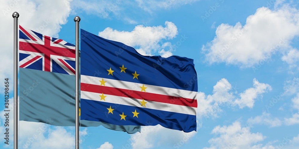 Tuvalu and Cape Verde flag waving in the wind against white cloudy blue sky together. Diplomacy concept, international relations.