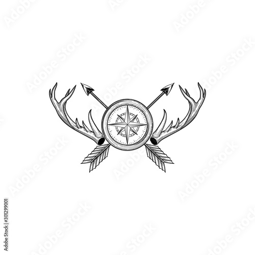 Compass with arrow and antler - camping outdoor adventure logo template