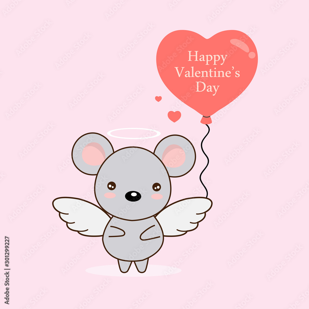 Cartoon vector illustration of cute mouse angel with heart balloons. Cartoon vector illustration of cute mouse angel with heart balloons.