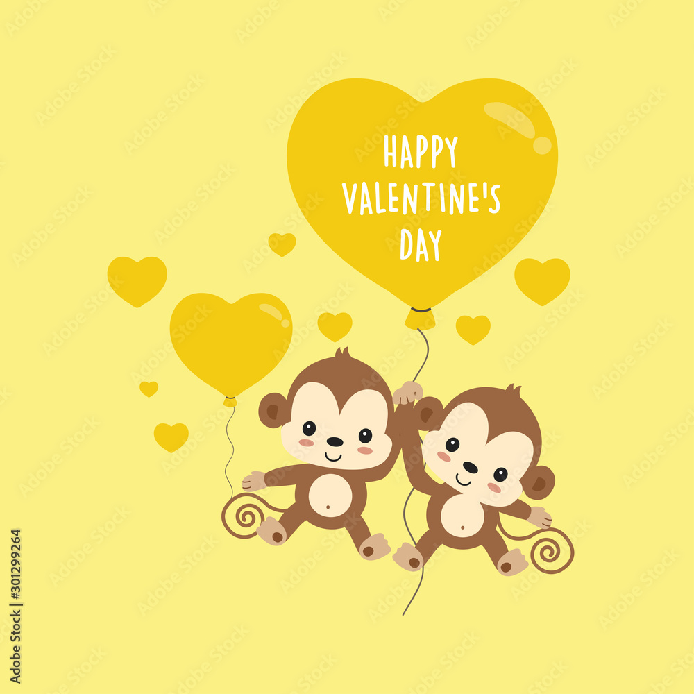 Happy Valentine's day card. Cute monkey cartoon with heart balloon Happy Valentine's day card. Cute monkey cartoon with heart balloon
