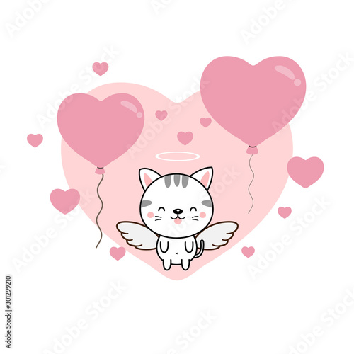  Happy Valentine s day greeting card. Cute  cat angel with heart balloons. 