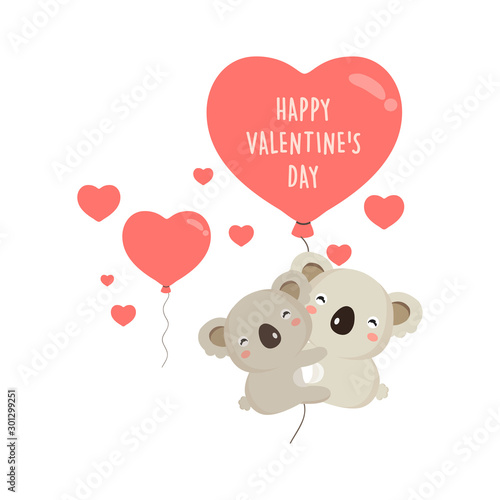 Happy Valentine's day card. Cute koala cartoon  with heart balloon