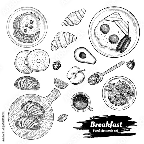 Healthy breakfast. Food elements set. Hand drawn  vector illustration. Vintage style