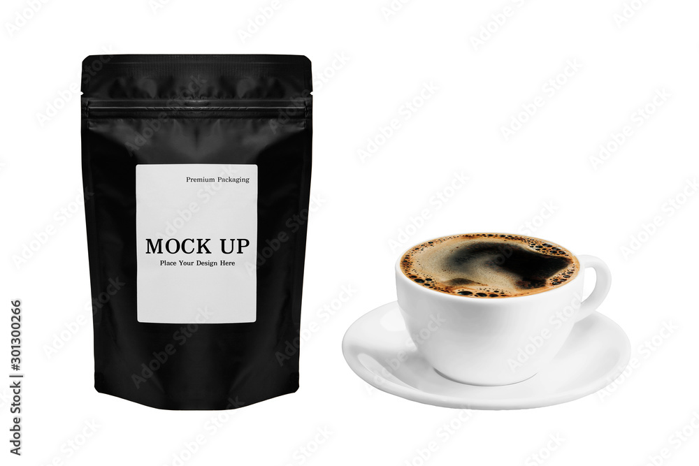 black coffee bag packaging and a cup of coffee hot americano or black coffee  isolated on white background with clipping path Stock Illustration | Adobe  Stock