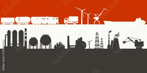 Energy and power icons set on Yemen flag backdrop. Header or footer banner. Sustainable energy generation, transportation and heavy industry.