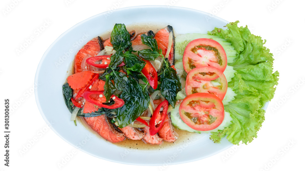 Spicy Thai style salmon salad over white background Spicy Thai style salmon salad over white background