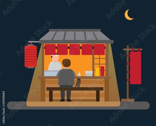 japanese food stall, street vendor in night illustration flat vector